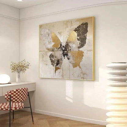 GOLDEN MONARCH: Gold Butterfly Painting, Square Canvas Art, Textured Wall Art, Beige and Gold Decor | rolled canvas, ready for custom framing