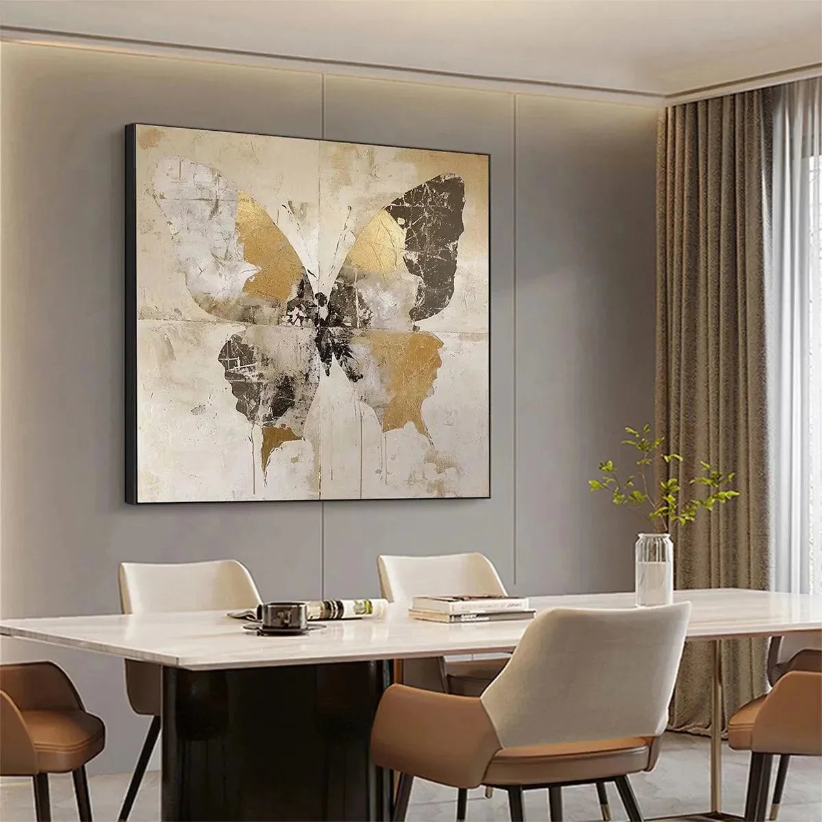 GOLDEN MONARCH: Gold Butterfly Painting, Square Canvas Art, Textured Wall Art, Beige and Gold Decor | black frame version on white wall