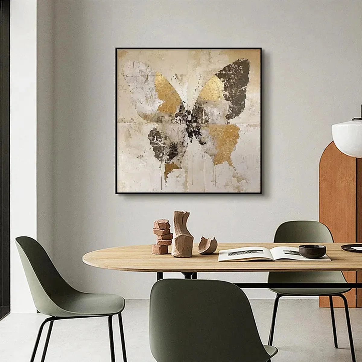 GOLDEN MONARCH: Gold Butterfly Painting, Square Canvas Art, Textured Wall Art, Beige and Gold Decor | Abstract mood, soft natural light studio shot