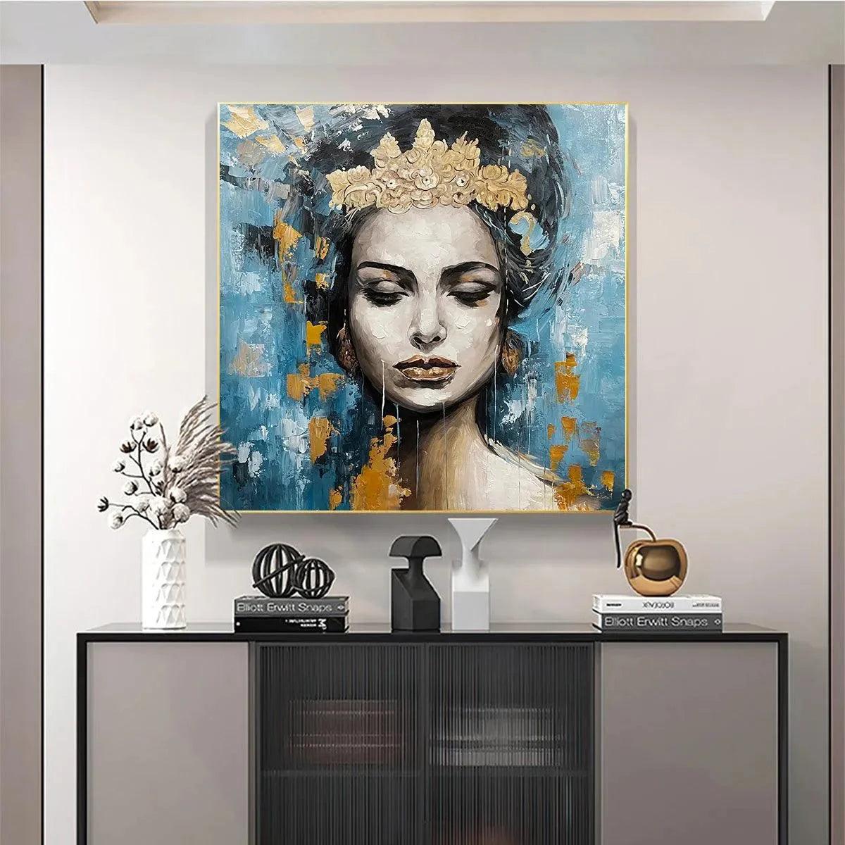GOLDEN MUSE: Portrait Painting in Blue and Gold, Square Canvas, Modern Figurative Wall Art | Figurative closeup, raised brushwork detail