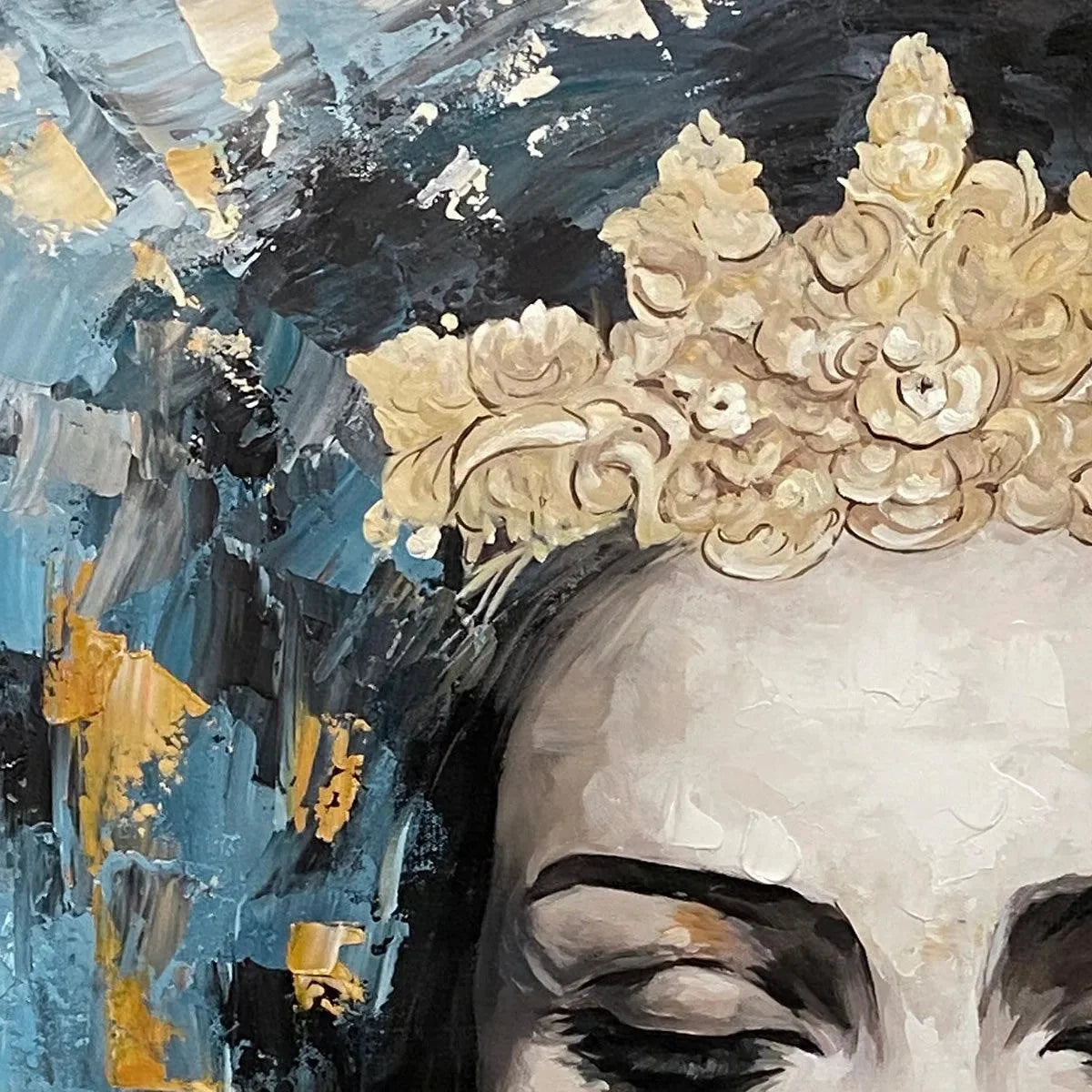 GOLDEN MUSE: Portrait Painting in Blue and Gold, Square Canvas, Modern Figurative Wall Art | rectangular format, hand-painted canvas edge