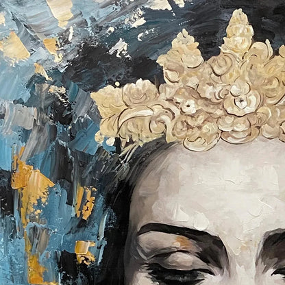 GOLDEN MUSE: Portrait Painting in Blue and Gold, Square Canvas, Modern Figurative Wall Art | rectangular format, hand-painted canvas edge