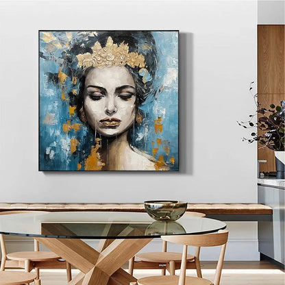 GOLDEN MUSE: Portrait Painting in Blue and Gold, Square Canvas, Modern Figurative Wall Art | gold frame stretched on neutral wall