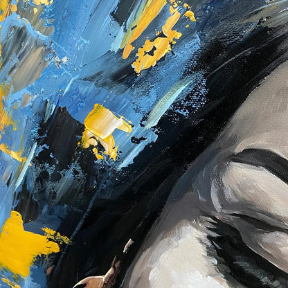 GOLDEN MUSE: Portrait Painting in Blue and Gold, Square Canvas, Modern Figurative Wall Art | rolled canvas, ready for custom framing