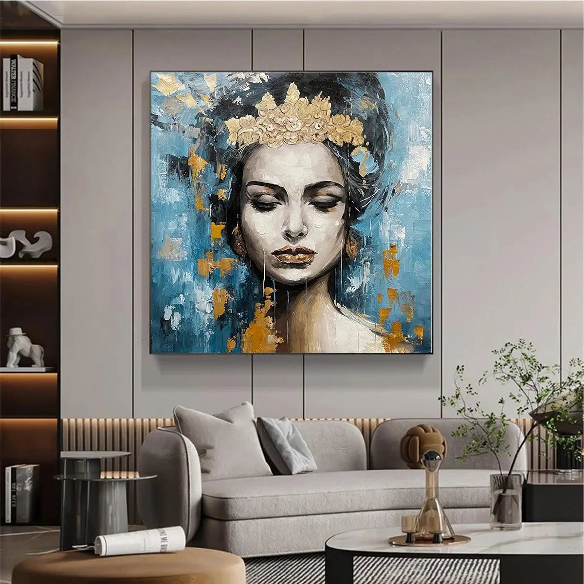 GOLDEN MUSE: Portrait Painting in Blue and Gold, Square Canvas, Modern Figurative Wall Art | black frame version on white wall