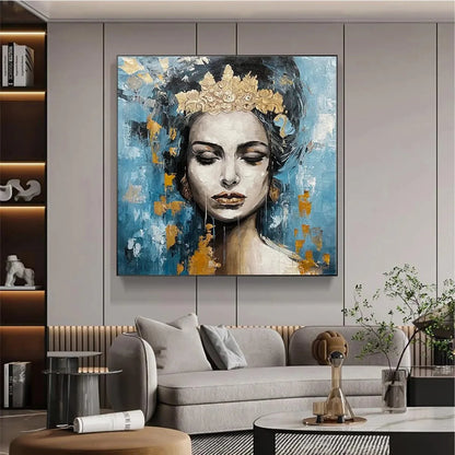 GOLDEN MUSE: Portrait Painting in Blue and Gold, Square Canvas, Modern Figurative Wall Art | black frame version on white wall