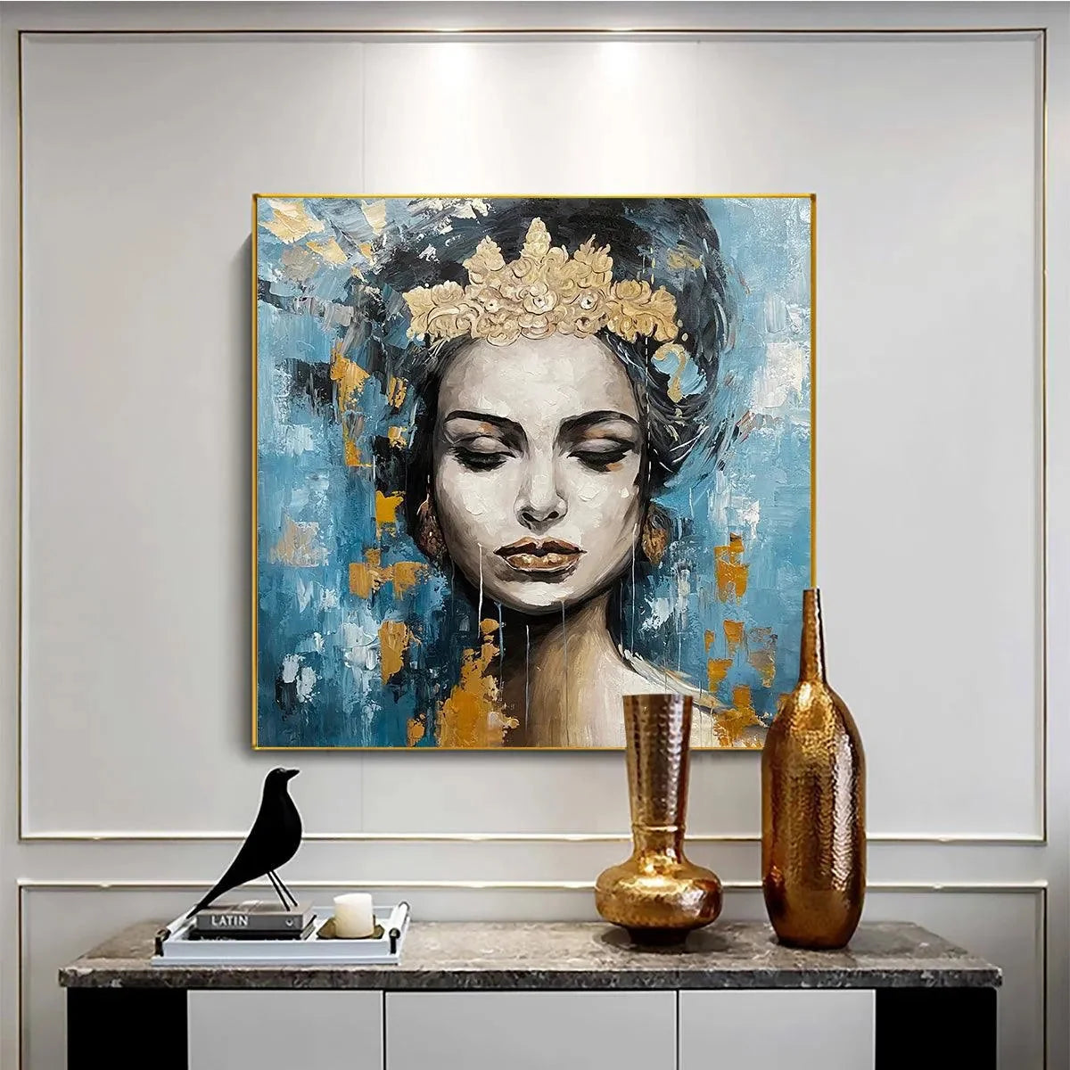 GOLDEN MUSE: Portrait Painting in Blue and Gold, Square Canvas, Modern Figurative Wall Art | Figurative mood, soft natural light studio shot