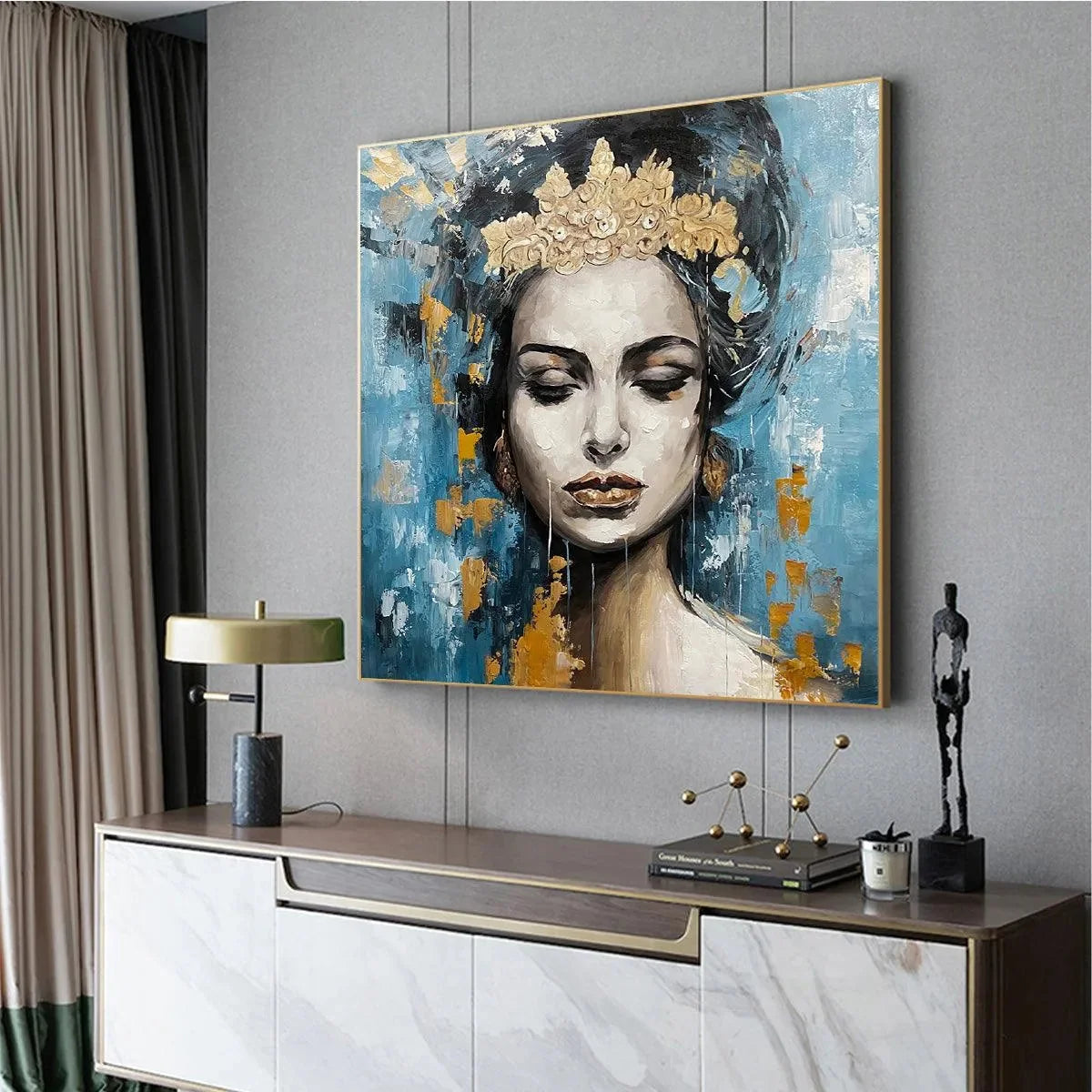 GOLDEN MUSE: Portrait Painting in Blue and Gold, Square Canvas, Modern Figurative Wall Art | yellow palette, original oil on stretched canvas art
