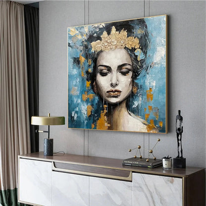 GOLDEN MUSE: Portrait Painting in Blue and Gold, Square Canvas, Modern Figurative Wall Art | yellow palette, original oil on stretched canvas art
