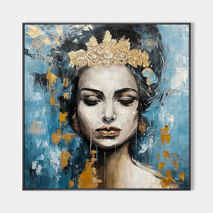 GOLDEN MUSE: Portrait Painting in Blue and Gold, Square Canvas, Modern Figurative Wall Art | hanging in living room, Figurative wall art