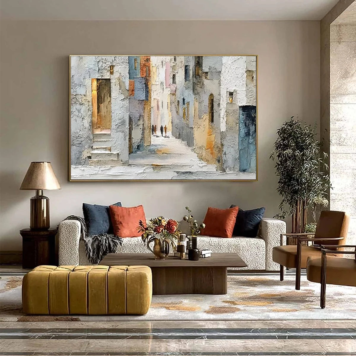 GOLDEN PASSAGE: Textured Impasto Painting of a Sunlit European Alleyway | Abstract closeup, raised brushwork detail