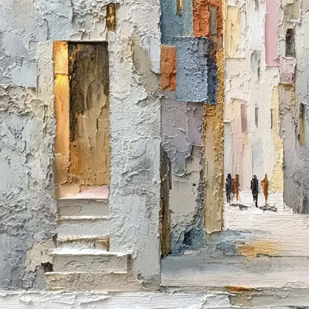 GOLDEN PASSAGE: Textured Impasto Painting of a Sunlit European Alleyway | rectangular format, hand-painted canvas edge
