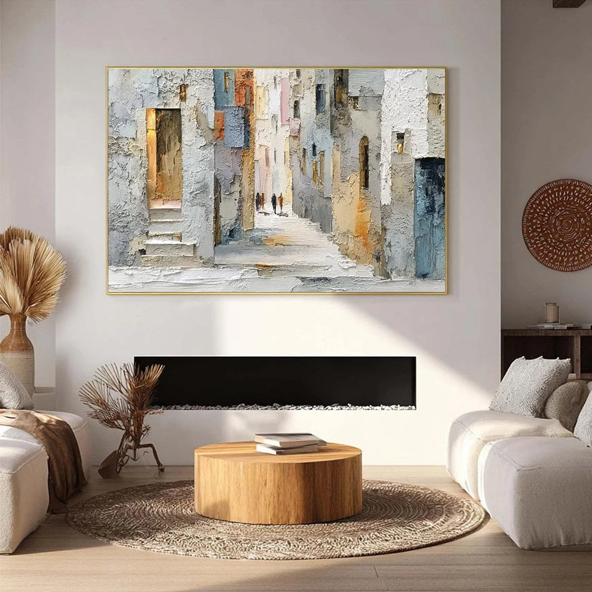 GOLDEN PASSAGE: Textured Impasto Painting of a Sunlit European Alleyway | gold frame stretched on neutral wall