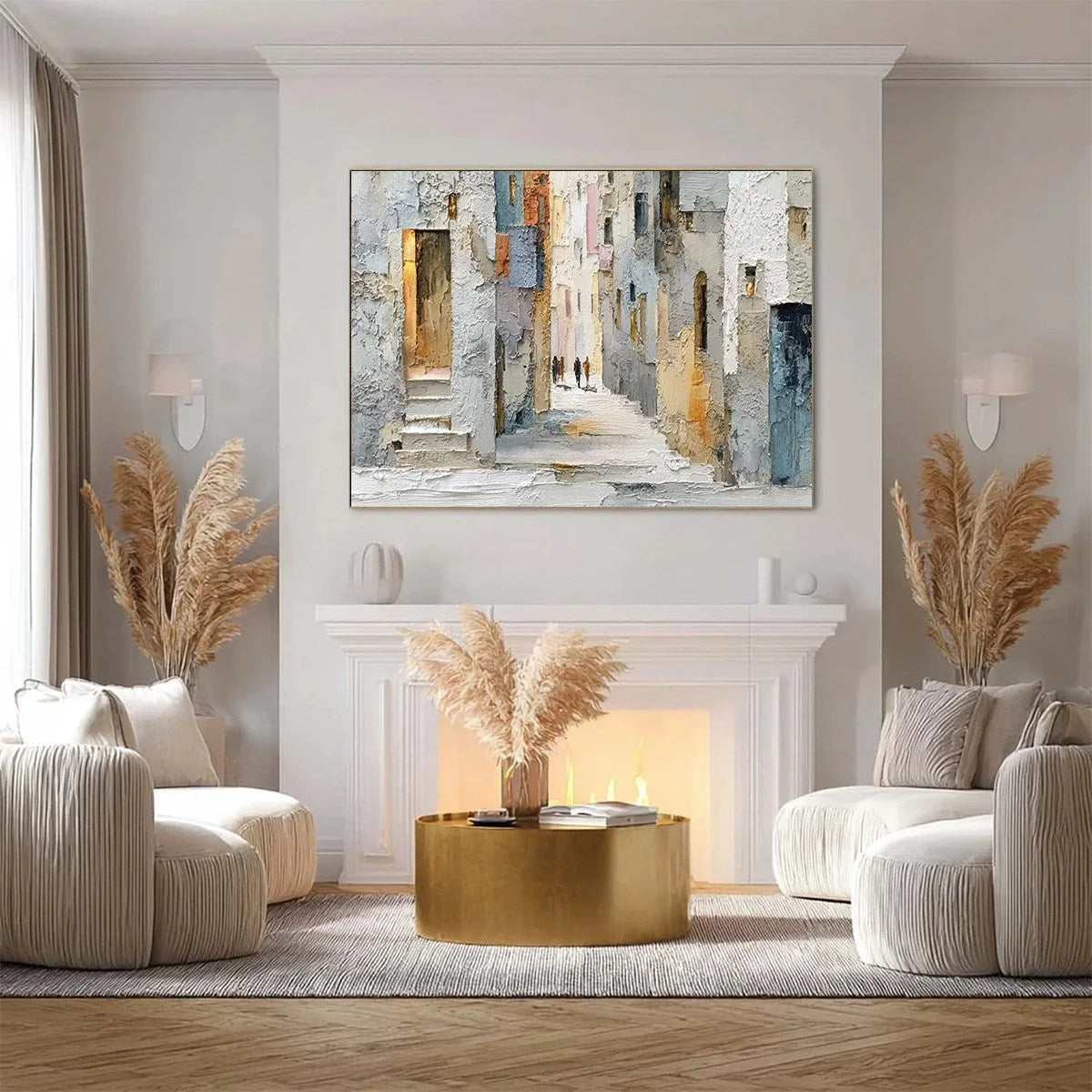 GOLDEN PASSAGE: Textured Impasto Painting of a Sunlit European Alleyway | black frame version on white wall