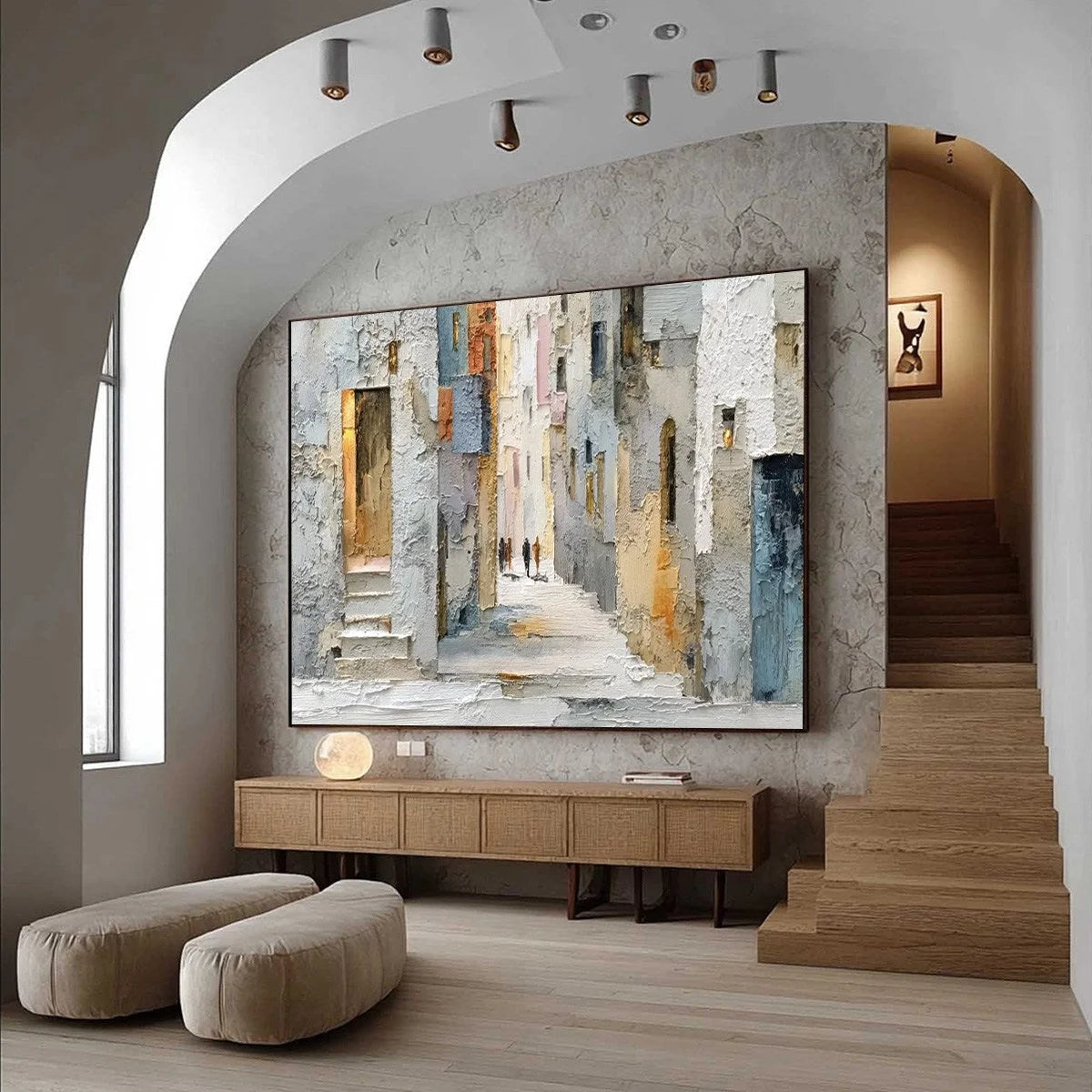 GOLDEN PASSAGE: Textured Impasto Painting of a Sunlit European Alleyway | Abstract mood, soft natural light studio shot