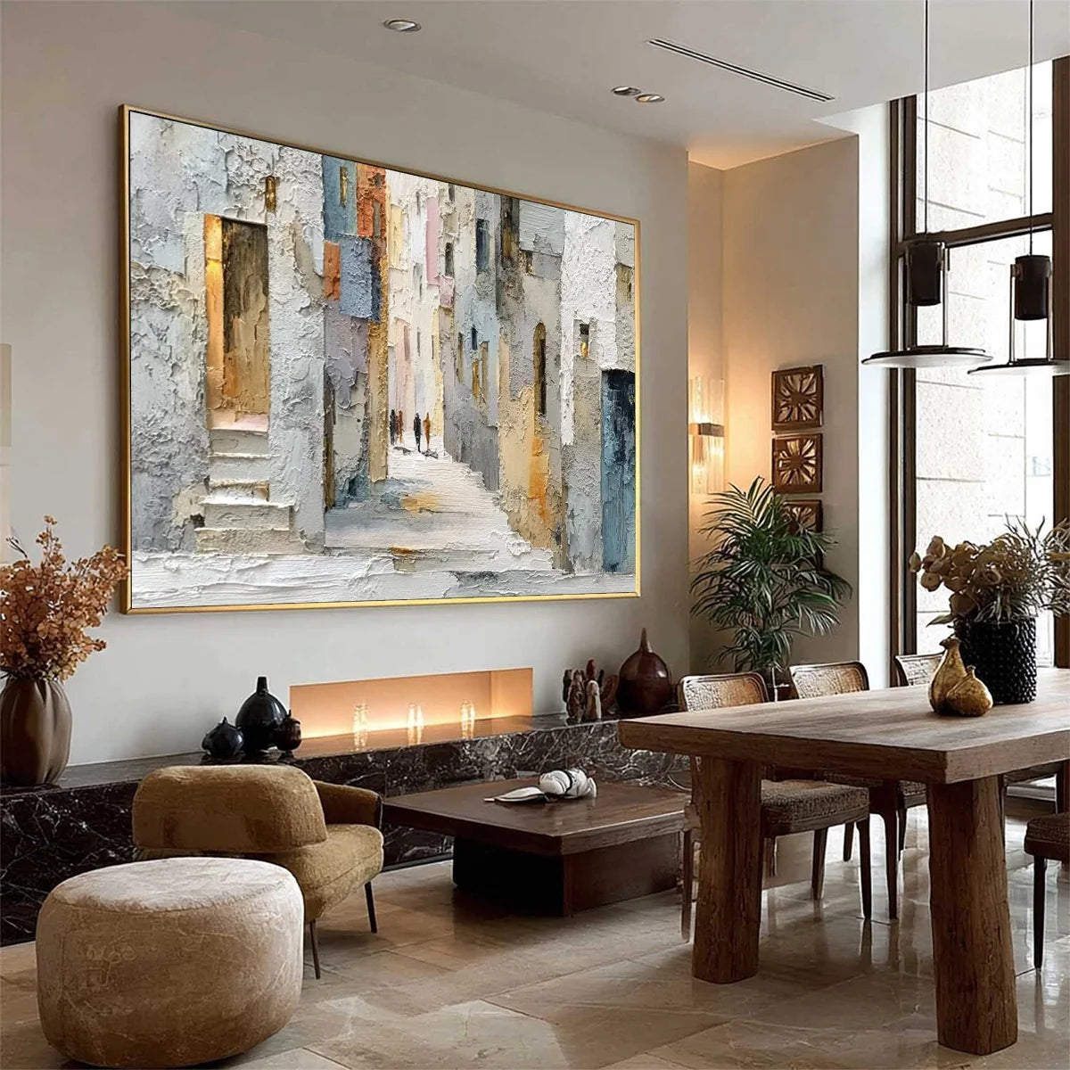 GOLDEN PASSAGE: Textured Impasto Painting of a Sunlit European Alleyway | yellow palette, original oil on stretched canvas art