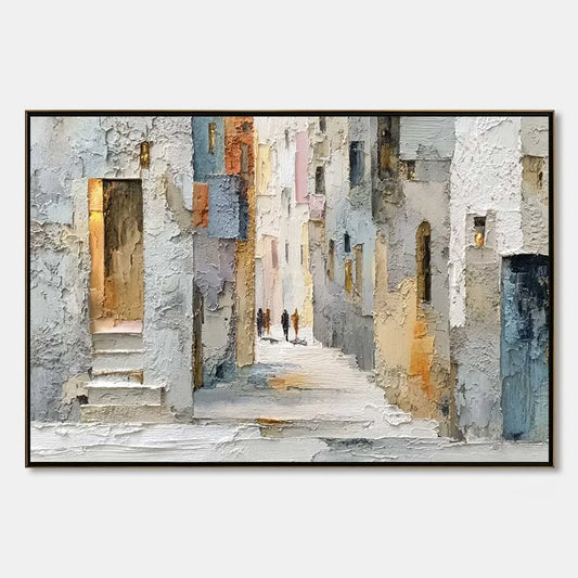GOLDEN PASSAGE: Textured Impasto Painting of a Sunlit European Alleyway | hanging in living room, Abstract wall art