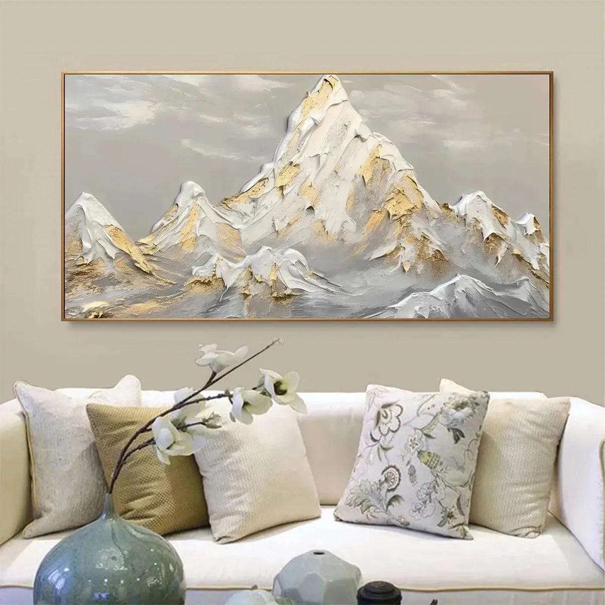 GOLDEN PEAKS: Textured Mountain Landscape Painting in Gold and Grey | Landscape closeup, raised brushwork detail