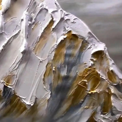 GOLDEN PEAKS: Textured Mountain Landscape Painting in Gold and Grey | rectangular format, hand-painted canvas edge