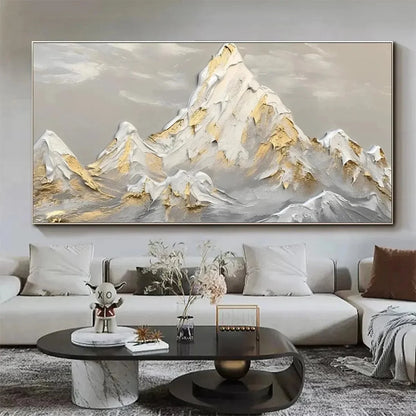 GOLDEN PEAKS: Textured Mountain Landscape Painting in Gold and Grey | gold frame stretched on neutral wall
