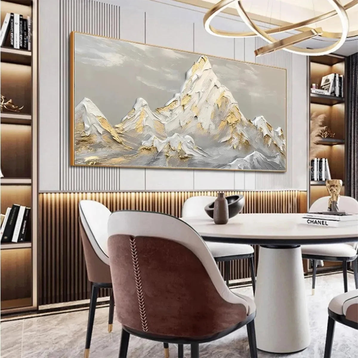 GOLDEN PEAKS: Textured Mountain Landscape Painting in Gold and Grey | black frame version on white wall