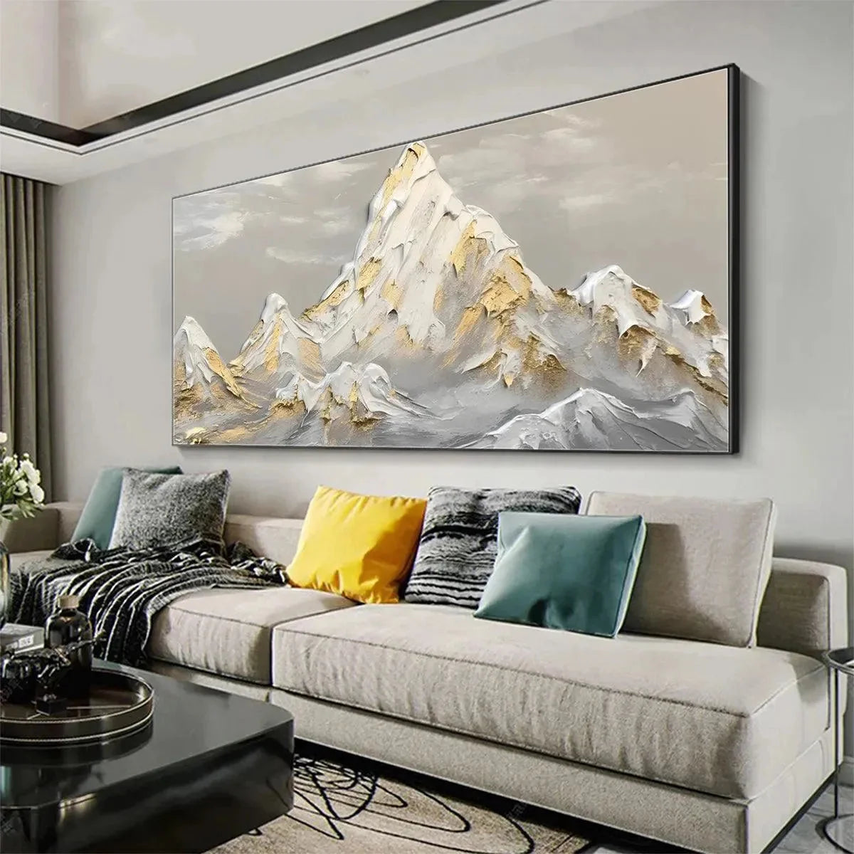 GOLDEN PEAKS: Textured Mountain Landscape Painting in Gold and Grey | Landscape mood, soft natural light studio shot