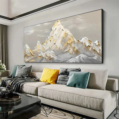 GOLDEN PEAKS: Textured Mountain Landscape Painting in Gold and Grey | Landscape mood, soft natural light studio shot