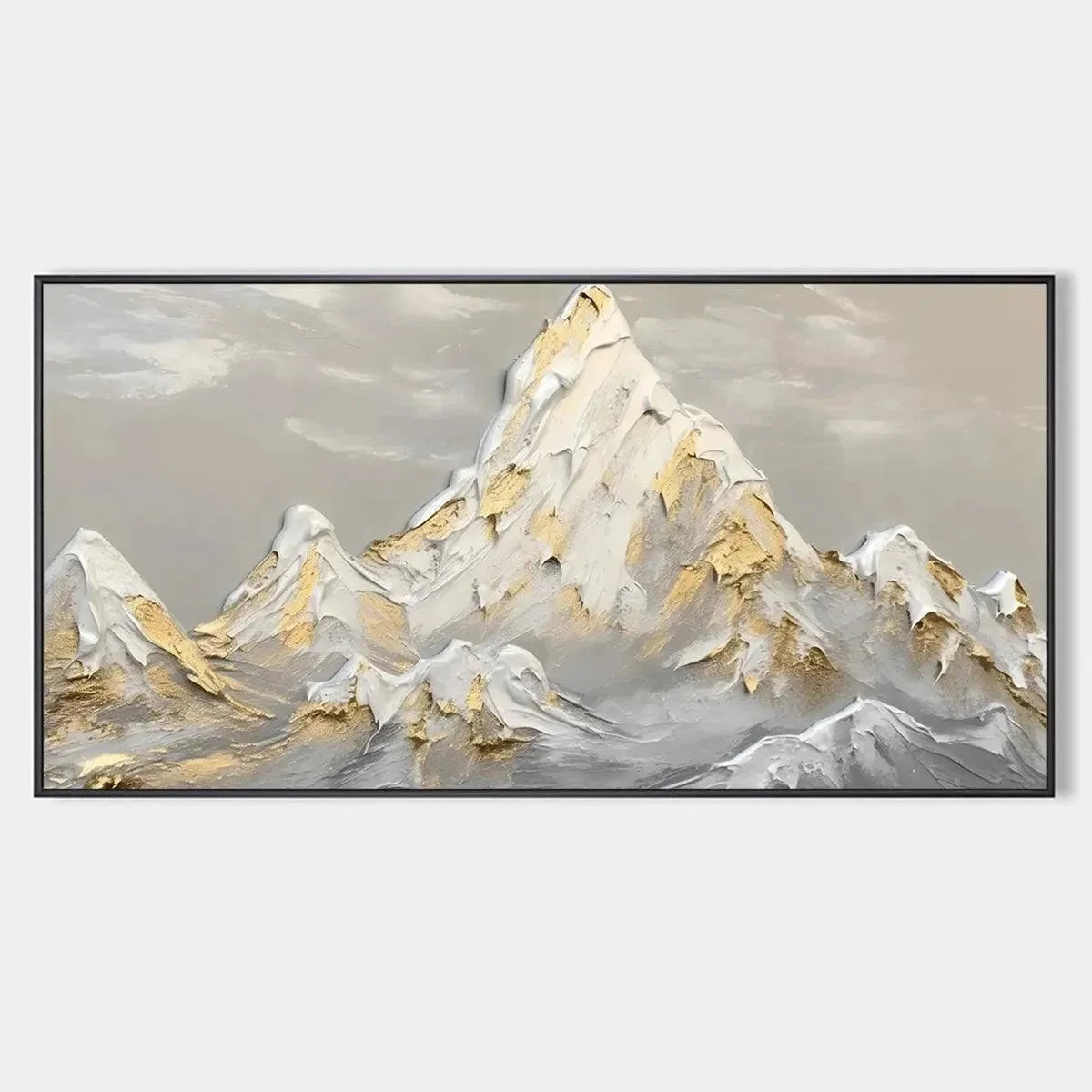 GOLDEN PEAKS: Textured Mountain Landscape Painting in Gold and Grey | hanging in living room, Landscape wall art