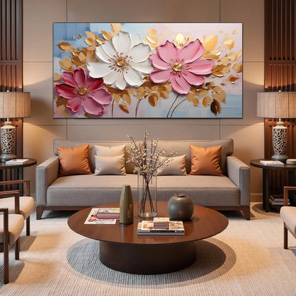 GOLDEN PETALS: Textured Panoramic Floral Oil Painting | Abstract closeup, raised brushwork detail