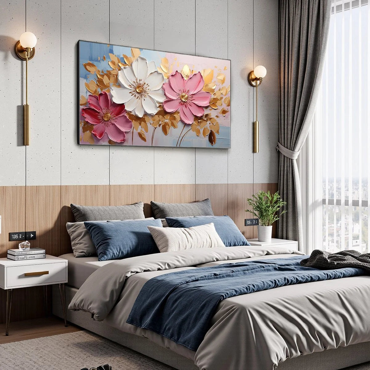 GOLDEN PETALS: Textured Panoramic Floral Oil Painting | gold frame stretched on neutral wall