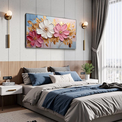GOLDEN PETALS: Textured Panoramic Floral Oil Painting | gold frame stretched on neutral wall