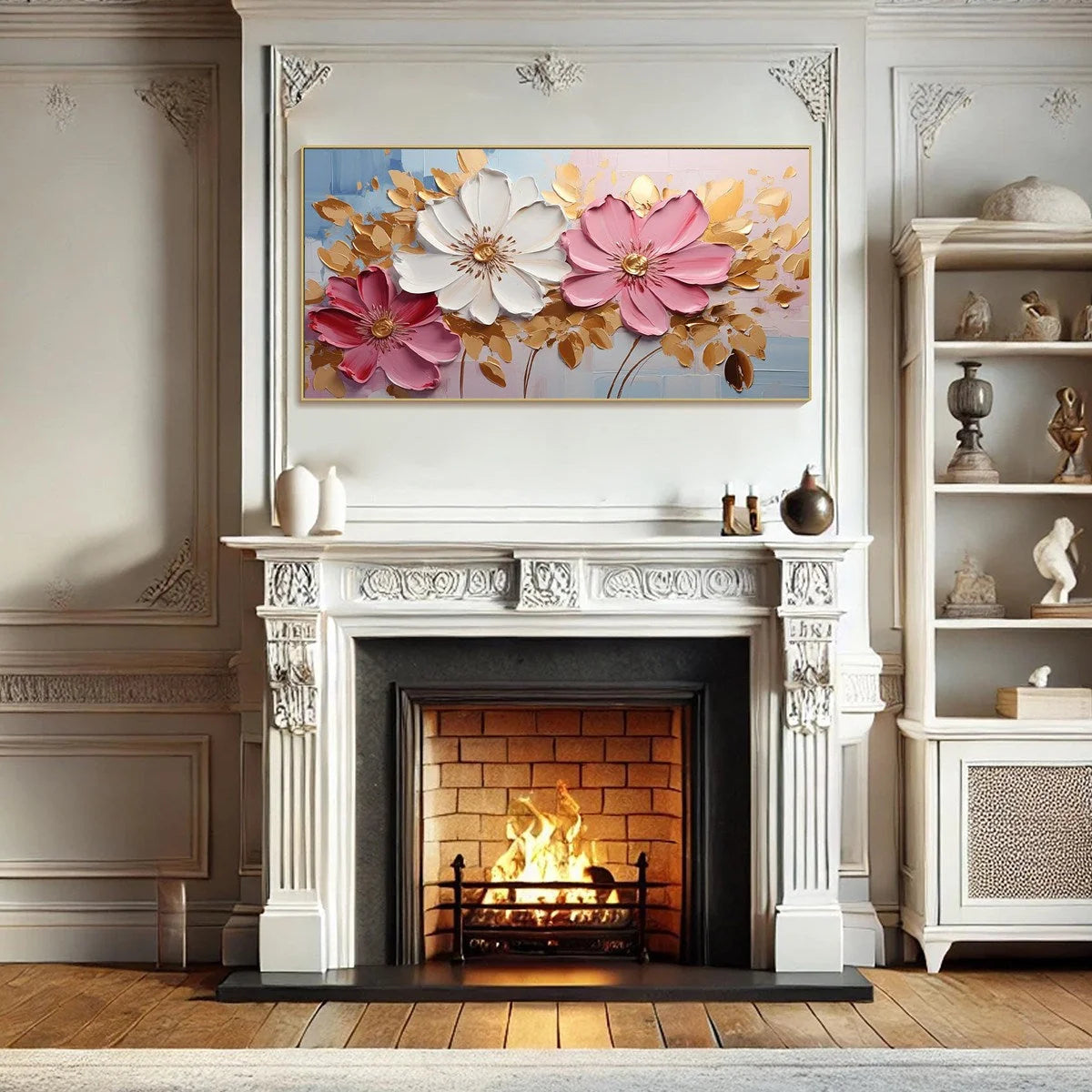 GOLDEN PETALS: Textured Panoramic Floral Oil Painting | black frame version on white wall