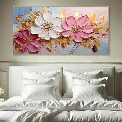 GOLDEN PETALS: Textured Panoramic Floral Oil Painting | Abstract mood, soft natural light studio shot