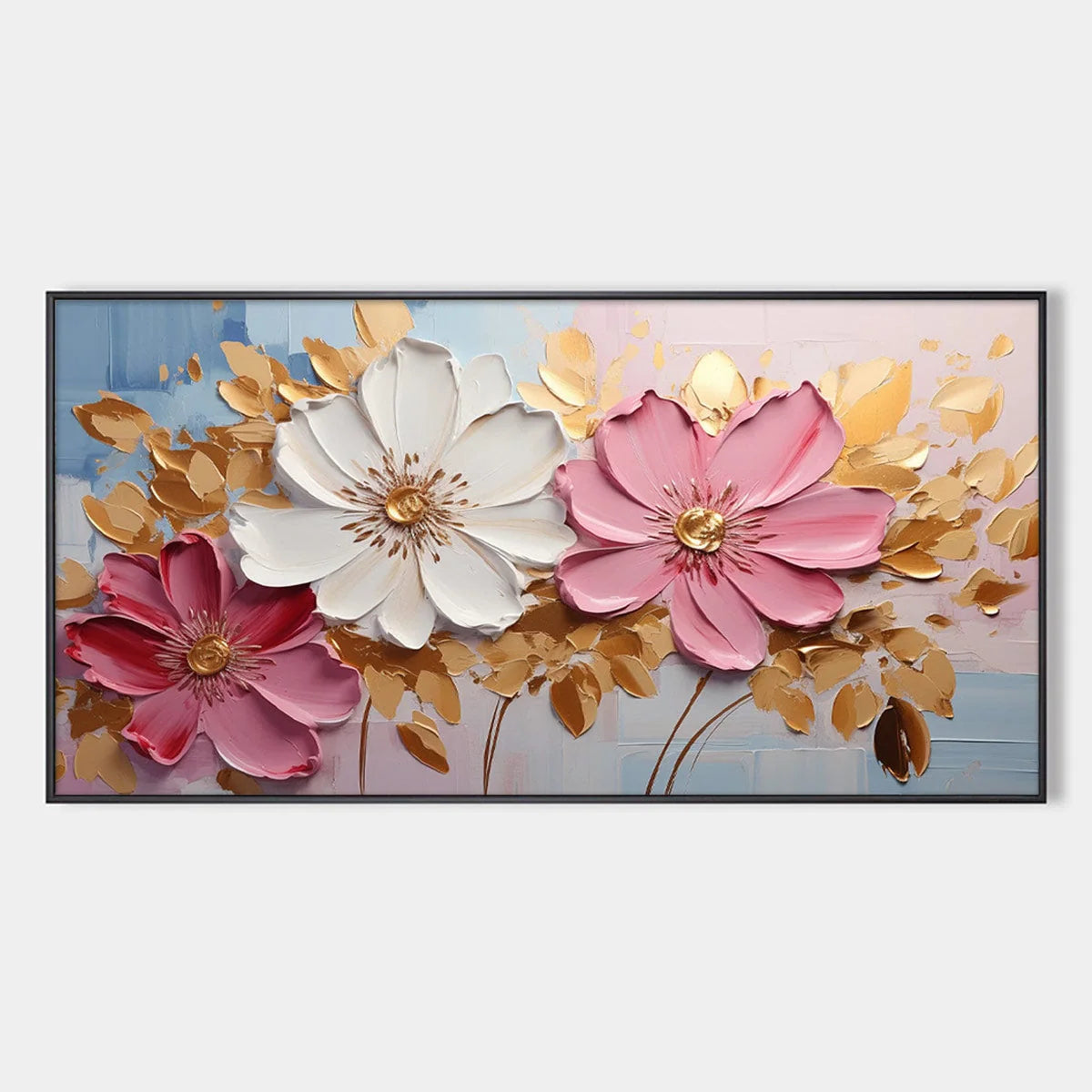 GOLDEN PETALS: Textured Panoramic Floral Oil Painting | hanging in living room, Abstract wall art