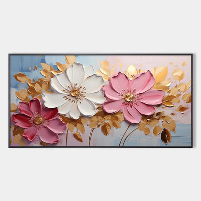 GOLDEN PETALS: Textured Panoramic Floral Oil Painting | hanging in living room, Abstract wall art