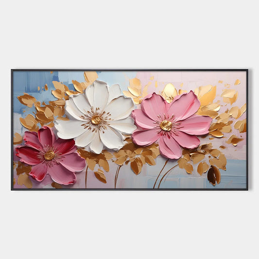 GOLDEN PETALS: Textured Panoramic Floral Oil Painting | hanging in living room, Abstract wall art