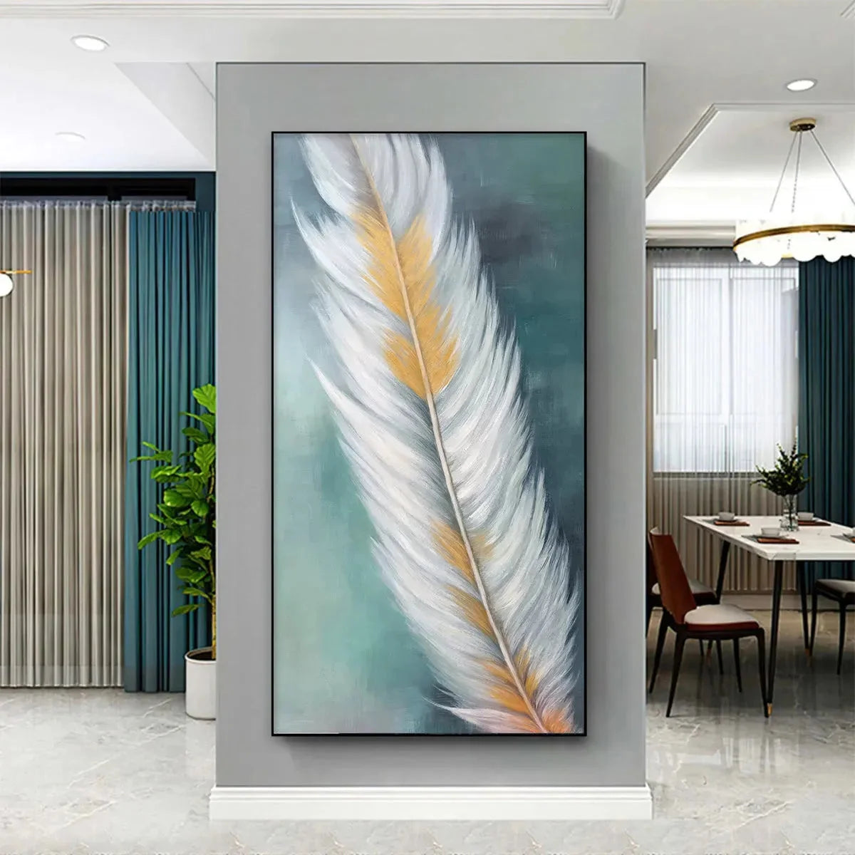 GOLDEN QUILL: White and Gold Feather Painting, Green Background Wall Art, Vertical Canvas, Minimalist Decor | Minimalist closeup, raised brushwork detail
