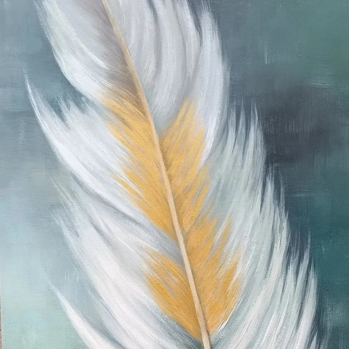 GOLDEN QUILL: White and Gold Feather Painting, Green Background Wall Art, Vertical Canvas, Minimalist Decor | rectangular format, hand-painted canvas edge