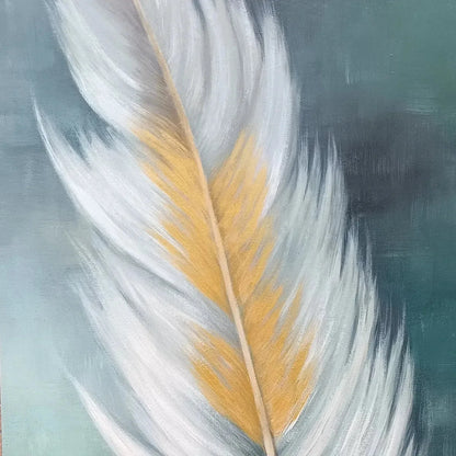 GOLDEN QUILL: White and Gold Feather Painting, Green Background Wall Art, Vertical Canvas, Minimalist Decor | rectangular format, hand-painted canvas edge