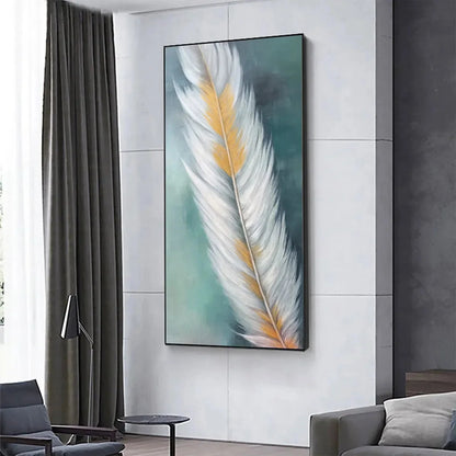 GOLDEN QUILL: White and Gold Feather Painting, Green Background Wall Art, Vertical Canvas, Minimalist Decor | gold frame stretched on neutral wall