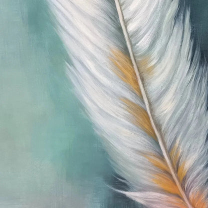 GOLDEN QUILL: White and Gold Feather Painting, Green Background Wall Art, Vertical Canvas, Minimalist Decor | rolled canvas, ready for custom framing