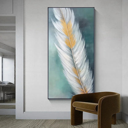 GOLDEN QUILL: White and Gold Feather Painting, Green Background Wall Art, Vertical Canvas, Minimalist Decor | black frame version on white wall