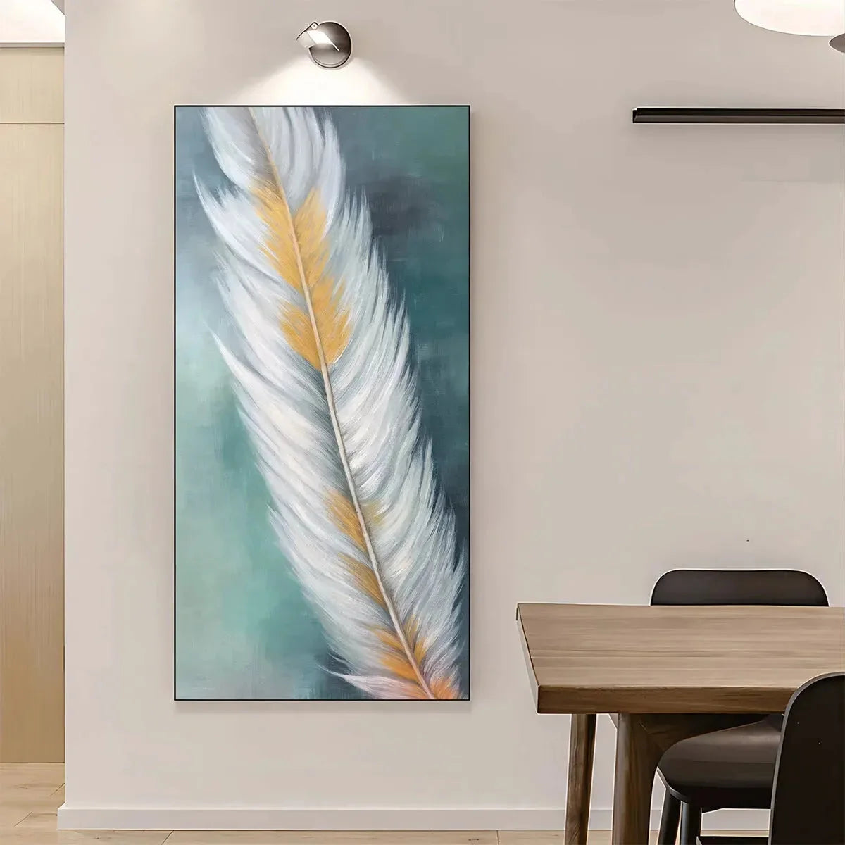 GOLDEN QUILL: White and Gold Feather Painting, Green Background Wall Art, Vertical Canvas, Minimalist Decor | Minimalist mood, soft natural light studio shot
