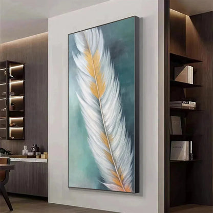 GOLDEN QUILL: White and Gold Feather Painting, Green Background Wall Art, Vertical Canvas, Minimalist Decor | green palette, original oil on stretched canvas art