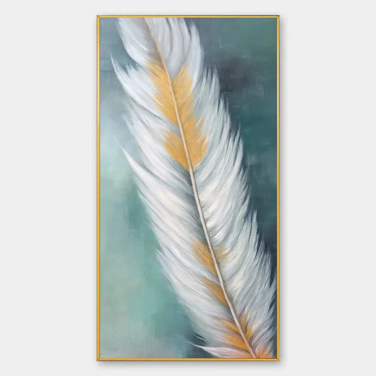GOLDEN QUILL: White and Gold Feather Painting, Green Background Wall Art, Vertical Canvas, Minimalist Decor | hanging in living room, Minimalist wall art