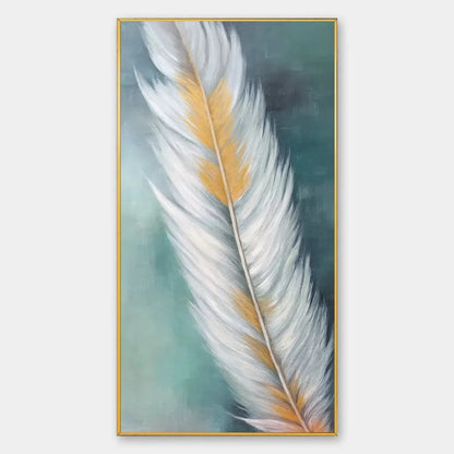 GOLDEN QUILL: White and Gold Feather Painting, Green Background Wall Art, Vertical Canvas, Minimalist Decor | hanging in living room, Minimalist wall art