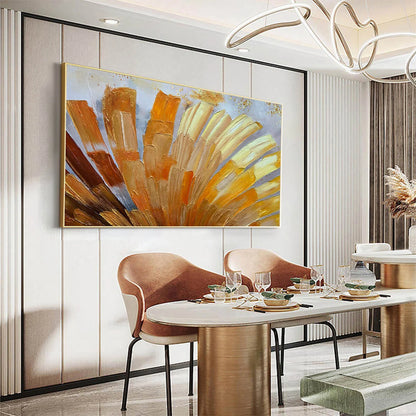 GOLDEN RADIANCE: Abstract Gold Textured Impasto Oil Painting | gold frame stretched on neutral wall