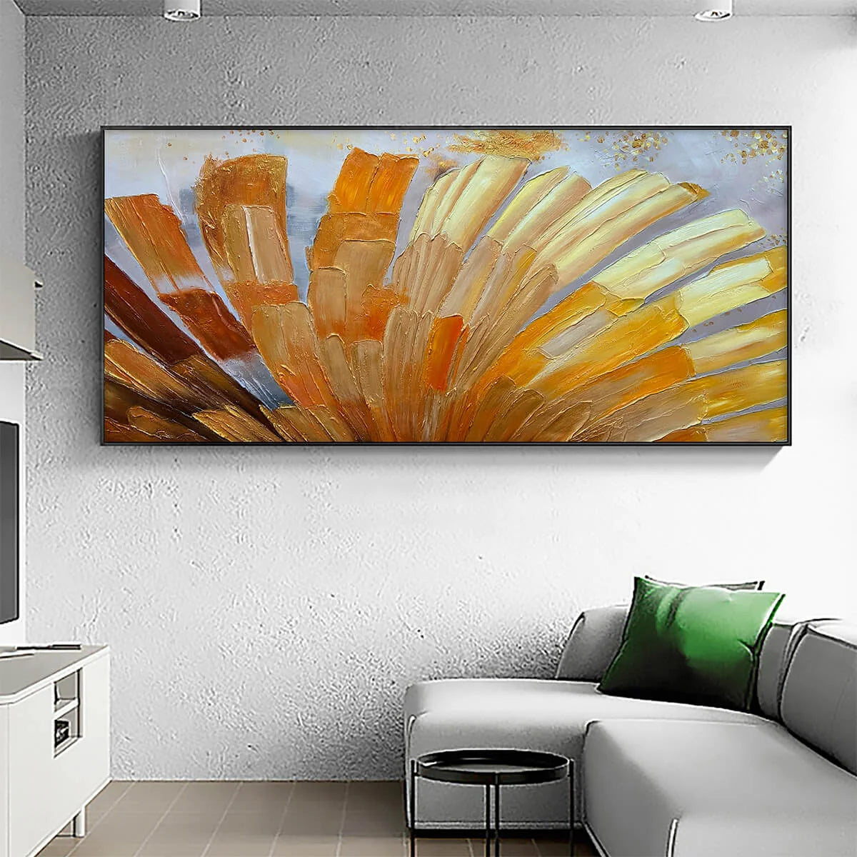 GOLDEN RADIANCE: Abstract Gold Textured Impasto Oil Painting | black frame version on white wall