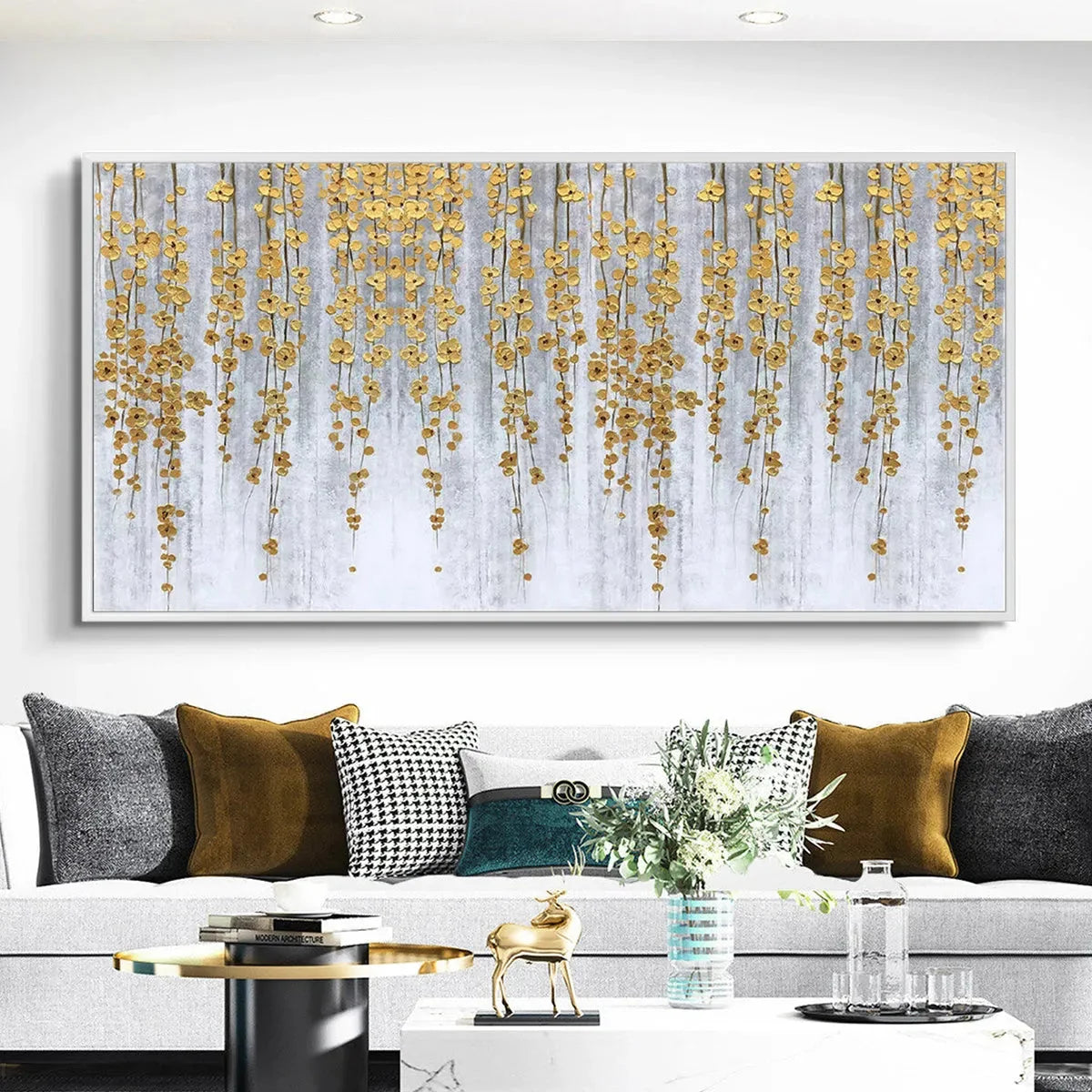 GOLDEN RAIN: Minimalist Floral Oil Painting in Gold and Grey | Minimalist closeup, raised brushwork detail