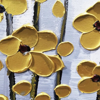 GOLDEN RAIN: Minimalist Floral Oil Painting in Gold and Grey | rectangular format, hand-painted canvas edge